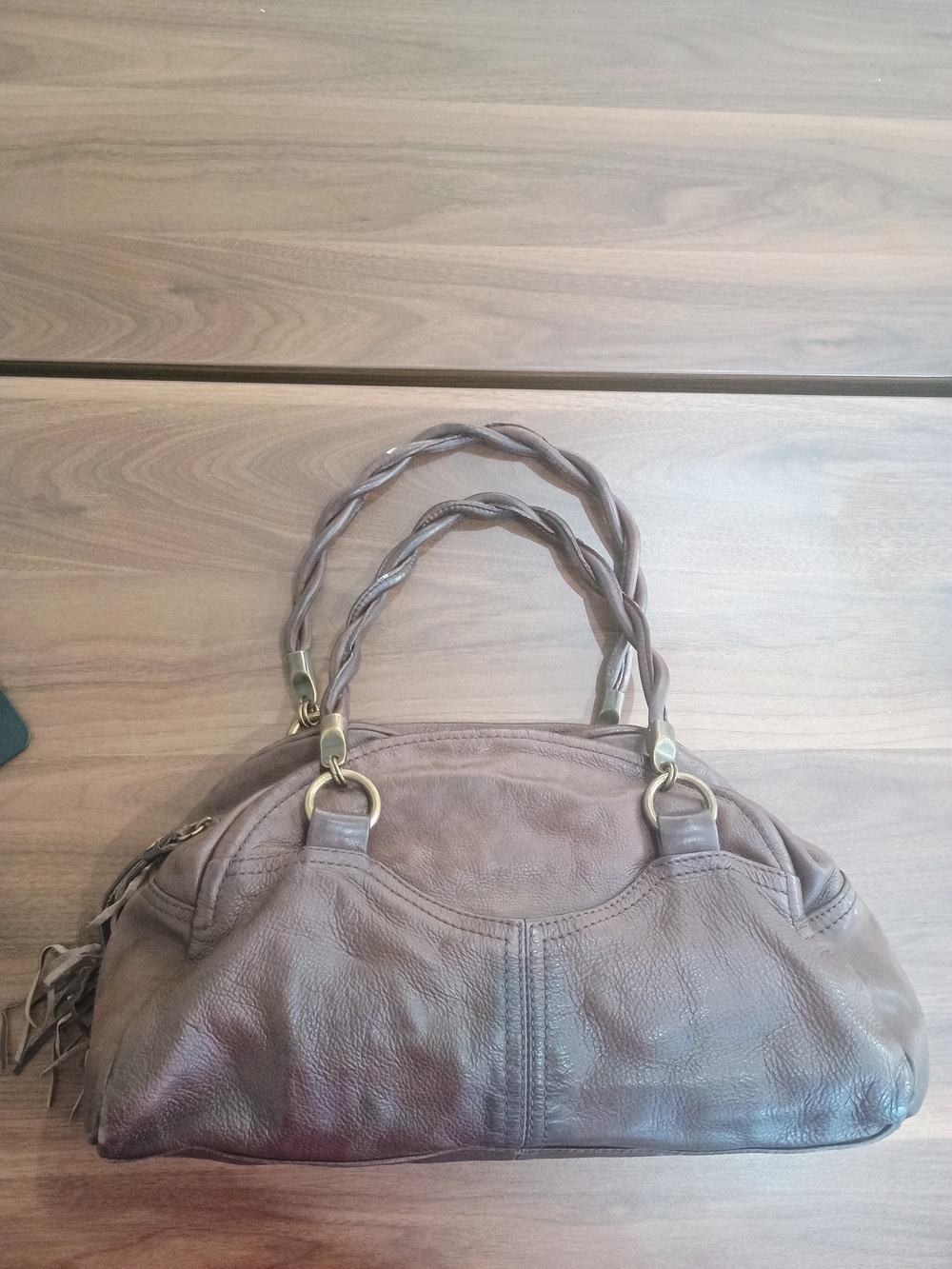 Taupe Braided-Handle Leather Shoulder Bag